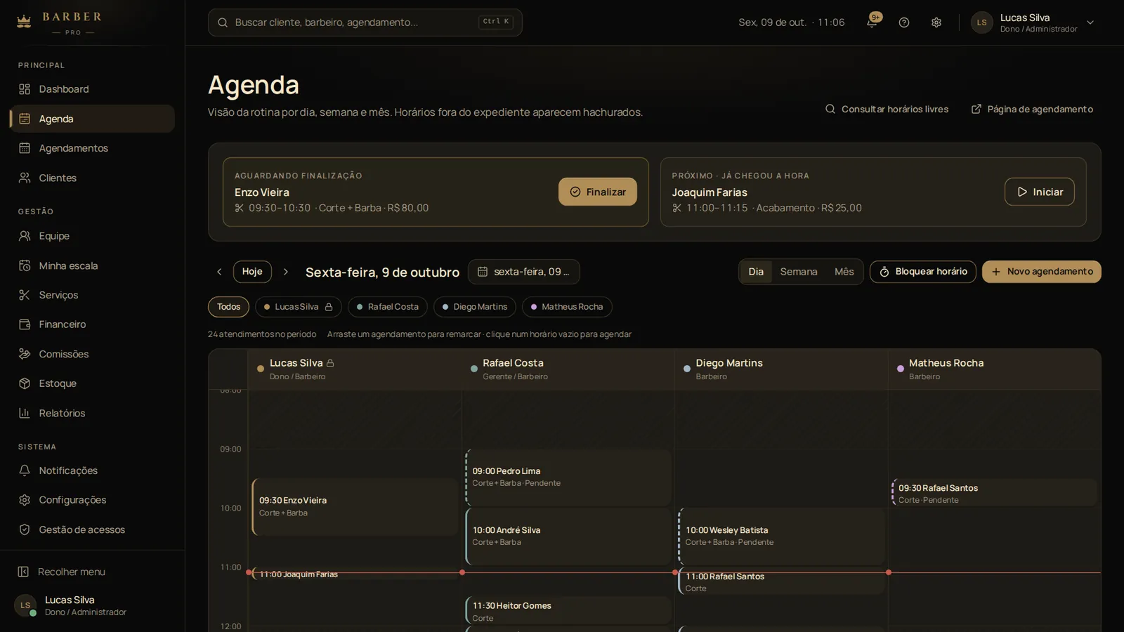 Agenda do dia com vários profissionais lado a lado