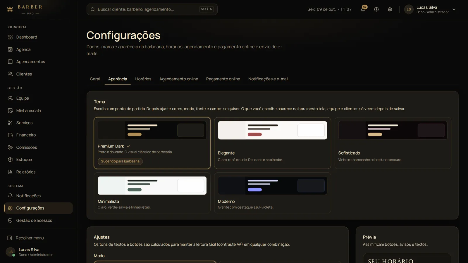 Configurações de aparência com temas prontos