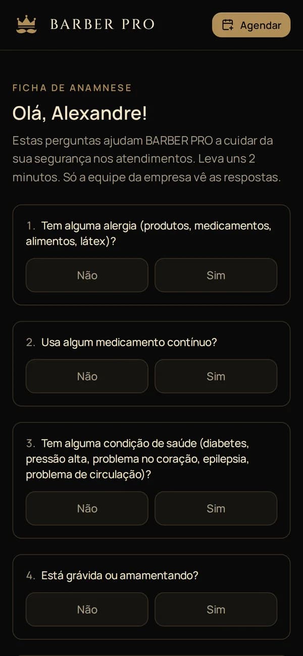 Ficha de anamnese aberta pelo cliente no celular