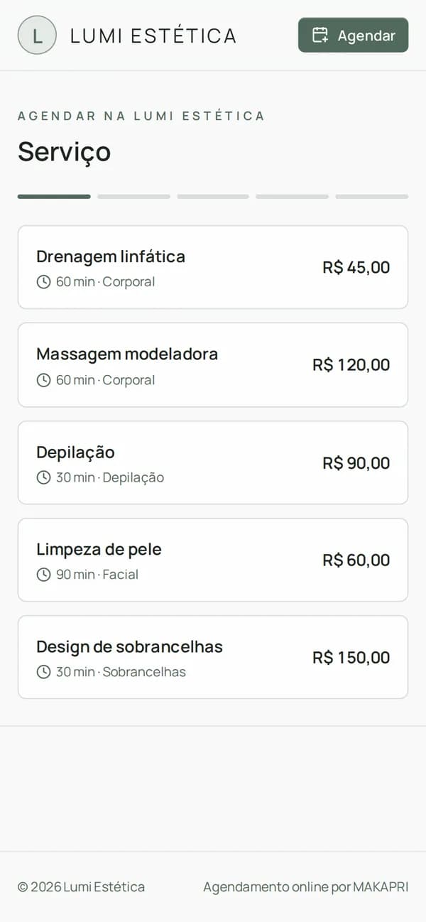Lista de serviços com preço e duração no celular