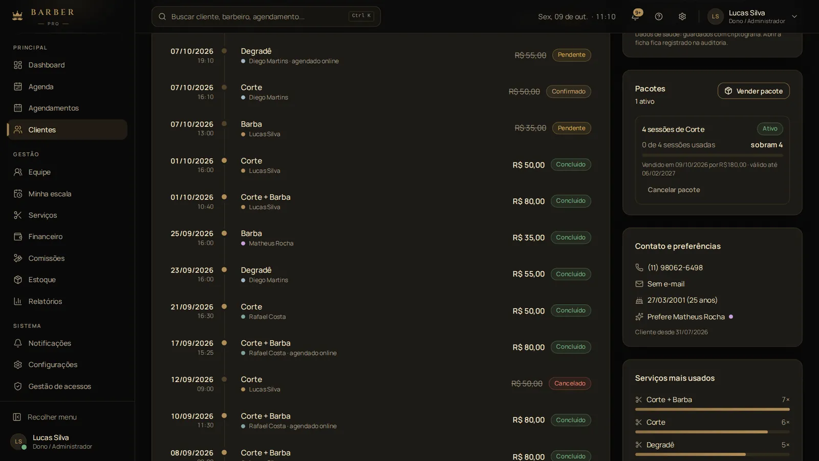 Perfil do cliente com pacote de sessões e ficha de anamnese