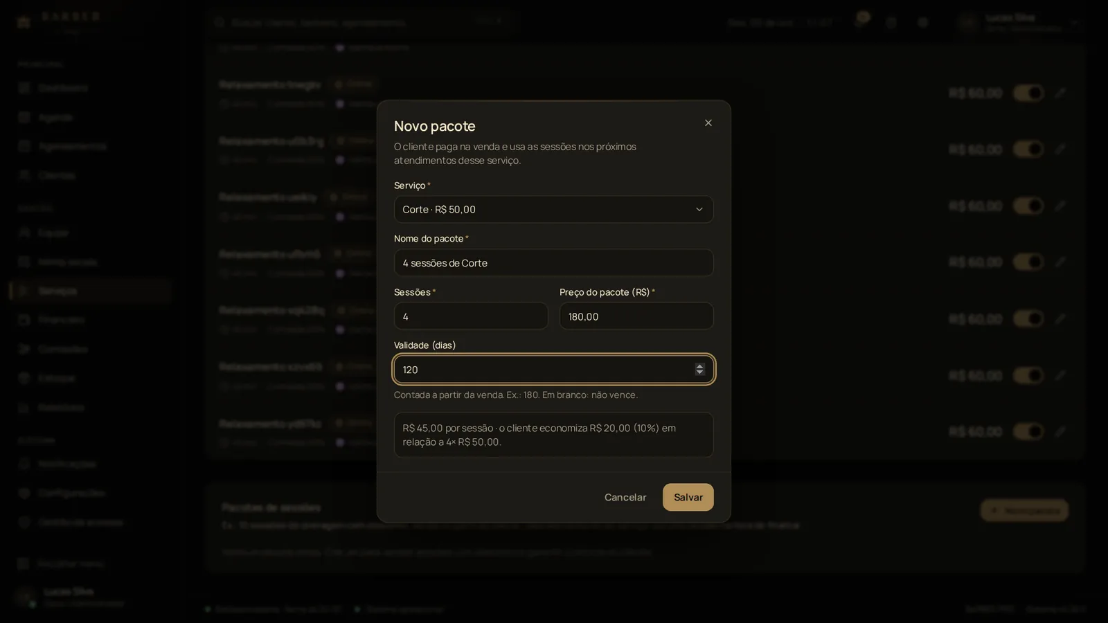 Criação de um pacote de sessões com valor por sessão