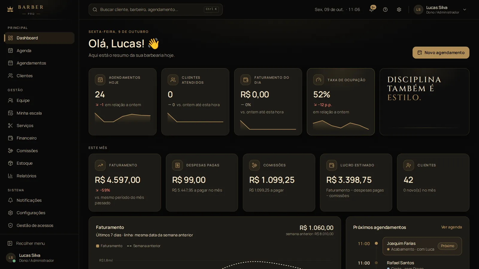 Painel inicial com agendamentos, faturamento e próximos clientes