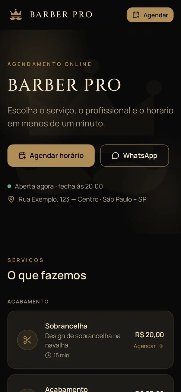 Página de agendamento de uma barbearia no celular